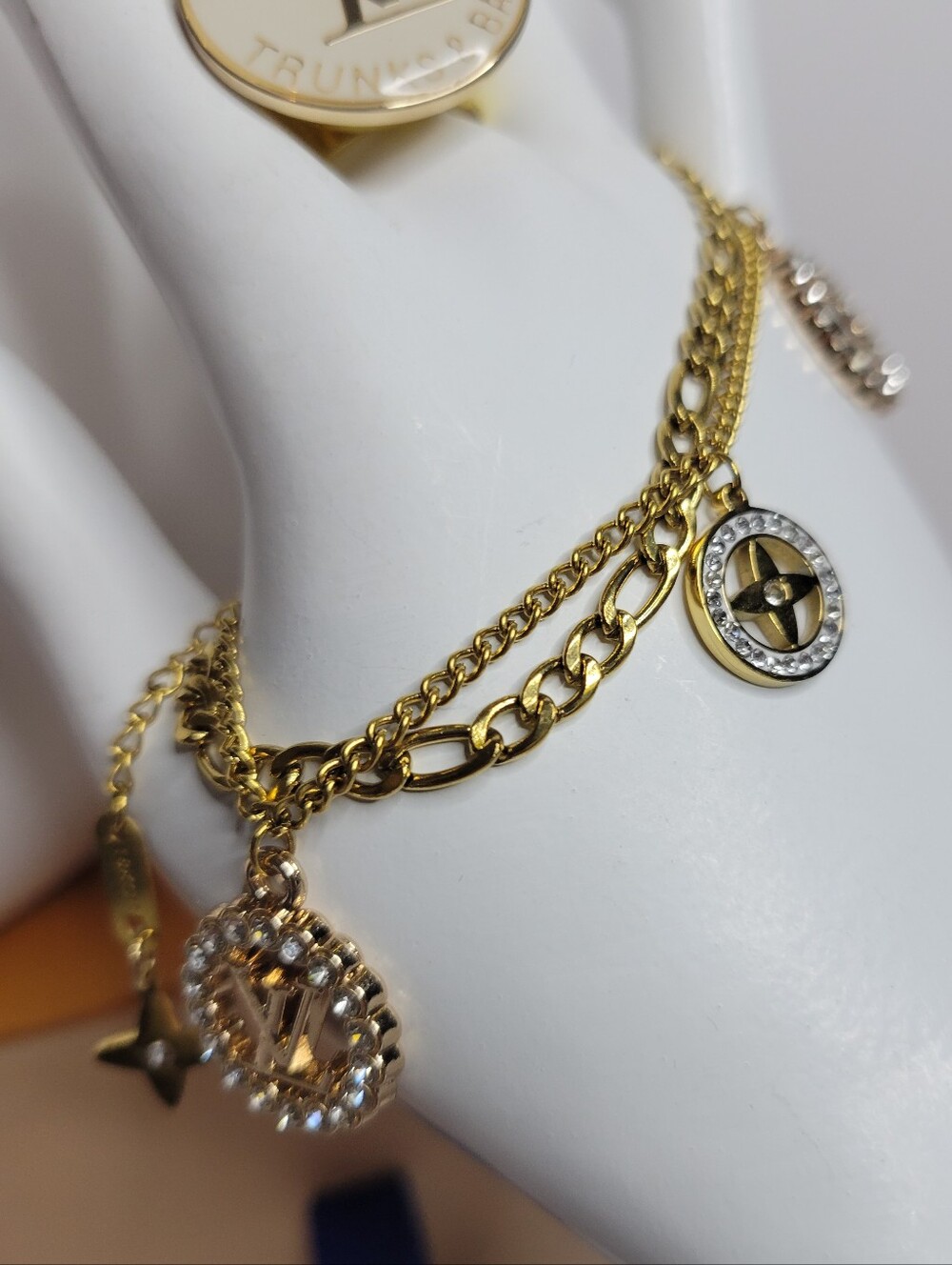 18KGP 2 Tier Bracelet, LV Crystal Zip Pulls, Adjustable